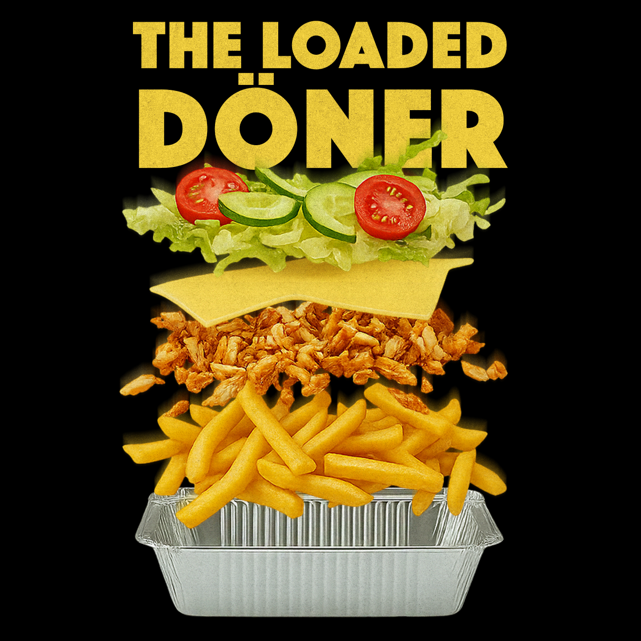 Loaded Döner with fries, meat, melted cheese, and fresh vegetables